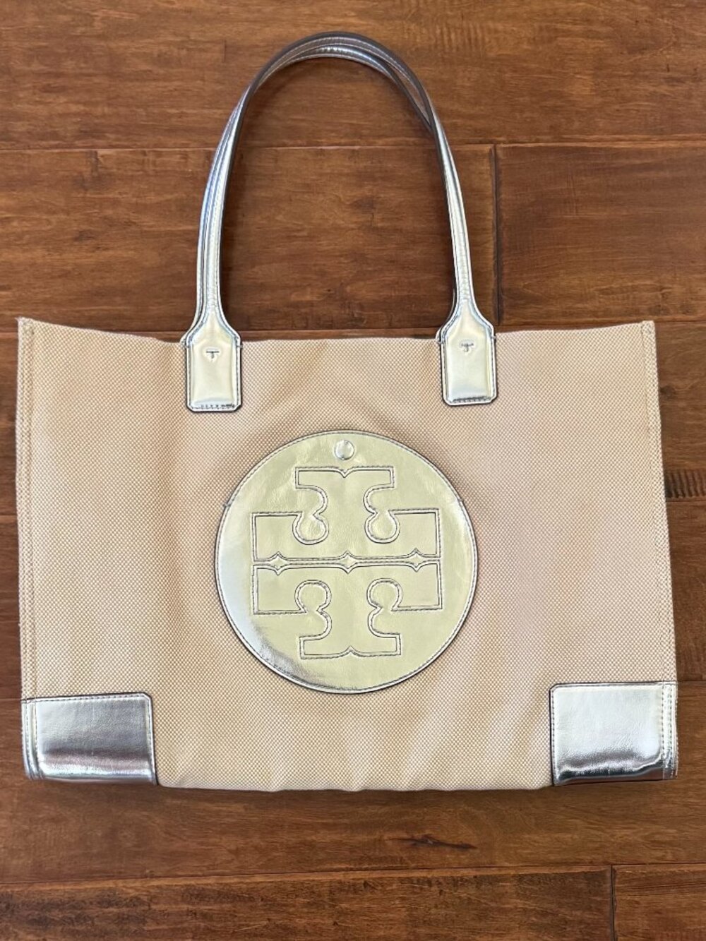 Tory Burch Small Ella Tote Natural Canvas with Metalic Silver Leather Trim